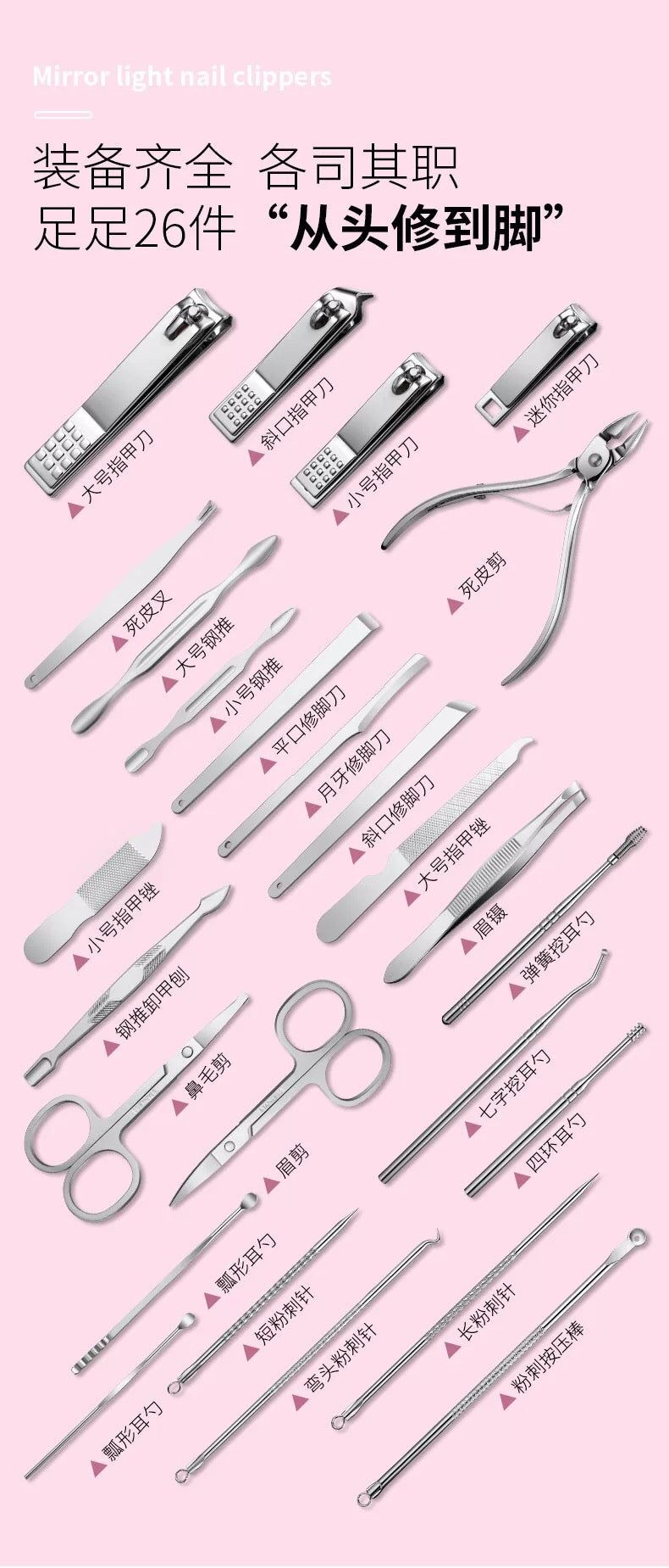 26-Piece Manicure and Pedicure Set with Travel Case | Stainless Steel Nail Clippers Kit - Image 8
