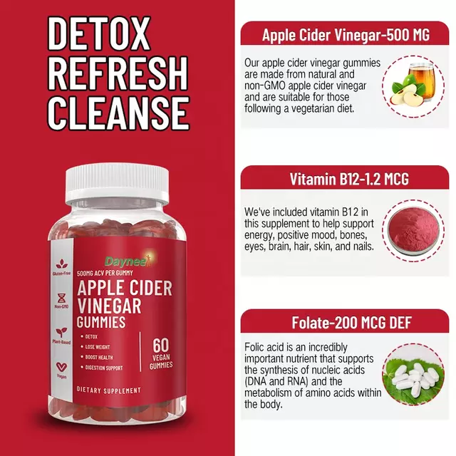 Apple Cider Vinegar Gummies (500mg) | Dietary Supplement for Detox, Weight Loss, Cholesterol, and Energy - Image 4