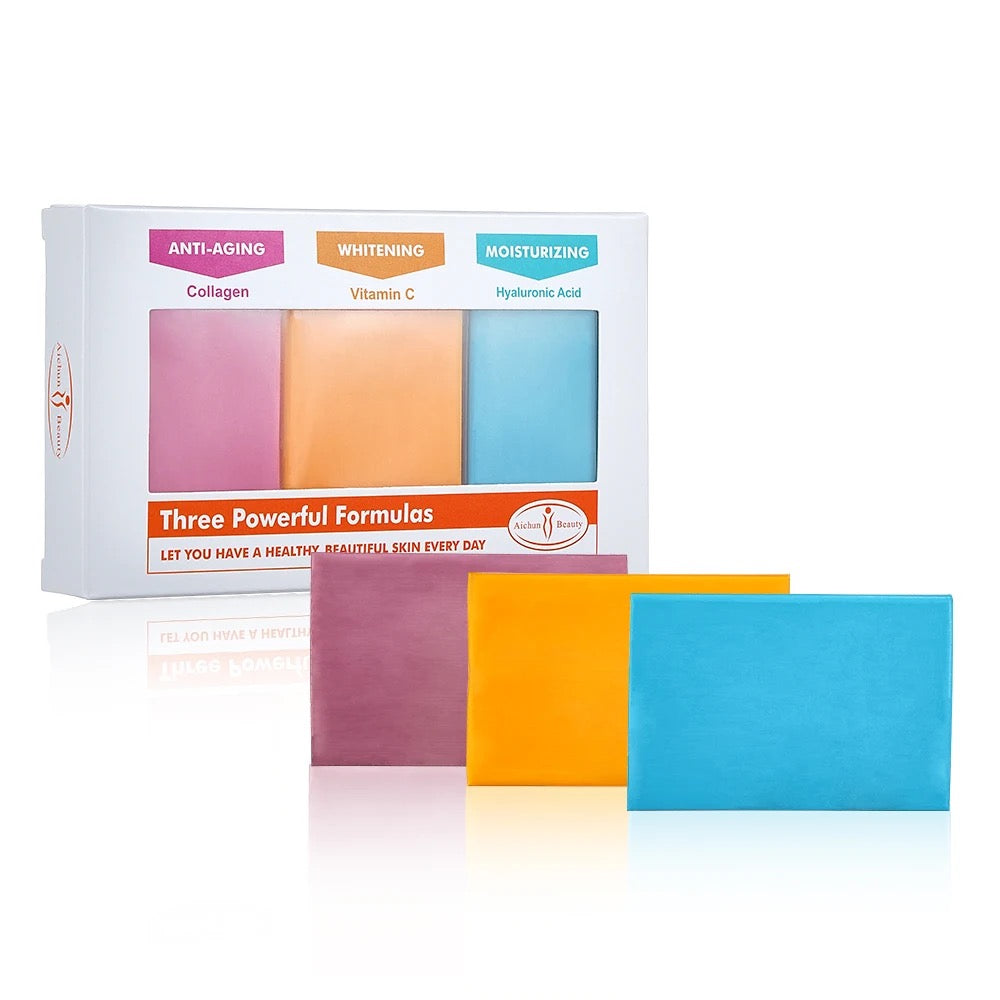 AICHUN BEAUTY 3-in-1 Soap Pack — Collagen, Vitamin C and Hyaluronic Acid Bathing Soaps (65g each)