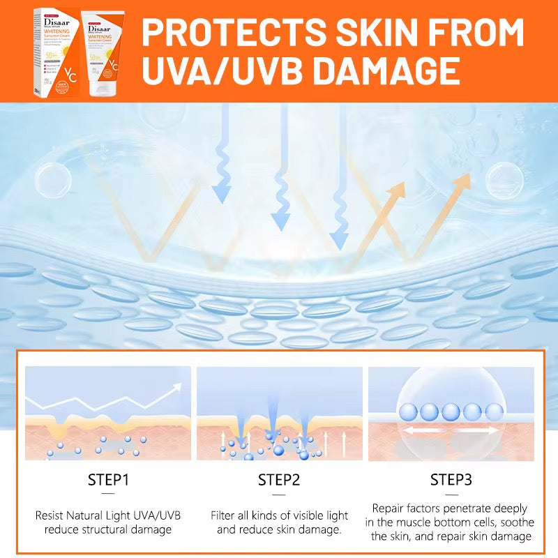 DISAAR Whitening Sunscreen Cream with Nicotinamide, Vitamin C, and Aloe Vera (80g size, SPF 50 PA+++) - Image 5