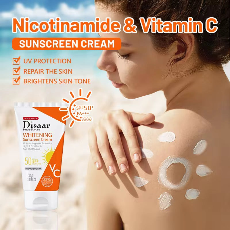 DISAAR Whitening Sunscreen Cream with Nicotinamide, Vitamin C, and Aloe Vera (80g size, SPF 50 PA+++) - Image 2
