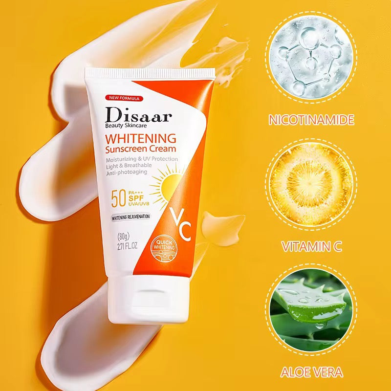 DISAAR Whitening Sunscreen Cream with Nicotinamide, Vitamin C, and Aloe Vera (80g size, SPF 50 PA+++) - Image 4