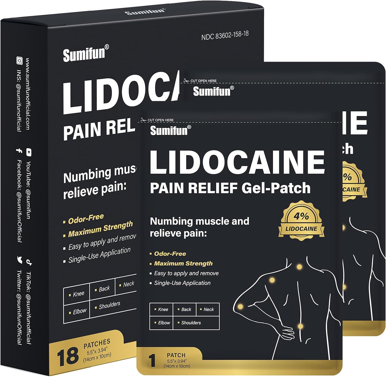 Lidocaine Pain Relief Gel-Patch (4% Lidocaine, 18 patches) | Medicated Patch for Numbing Muscle and Body Pains Relief