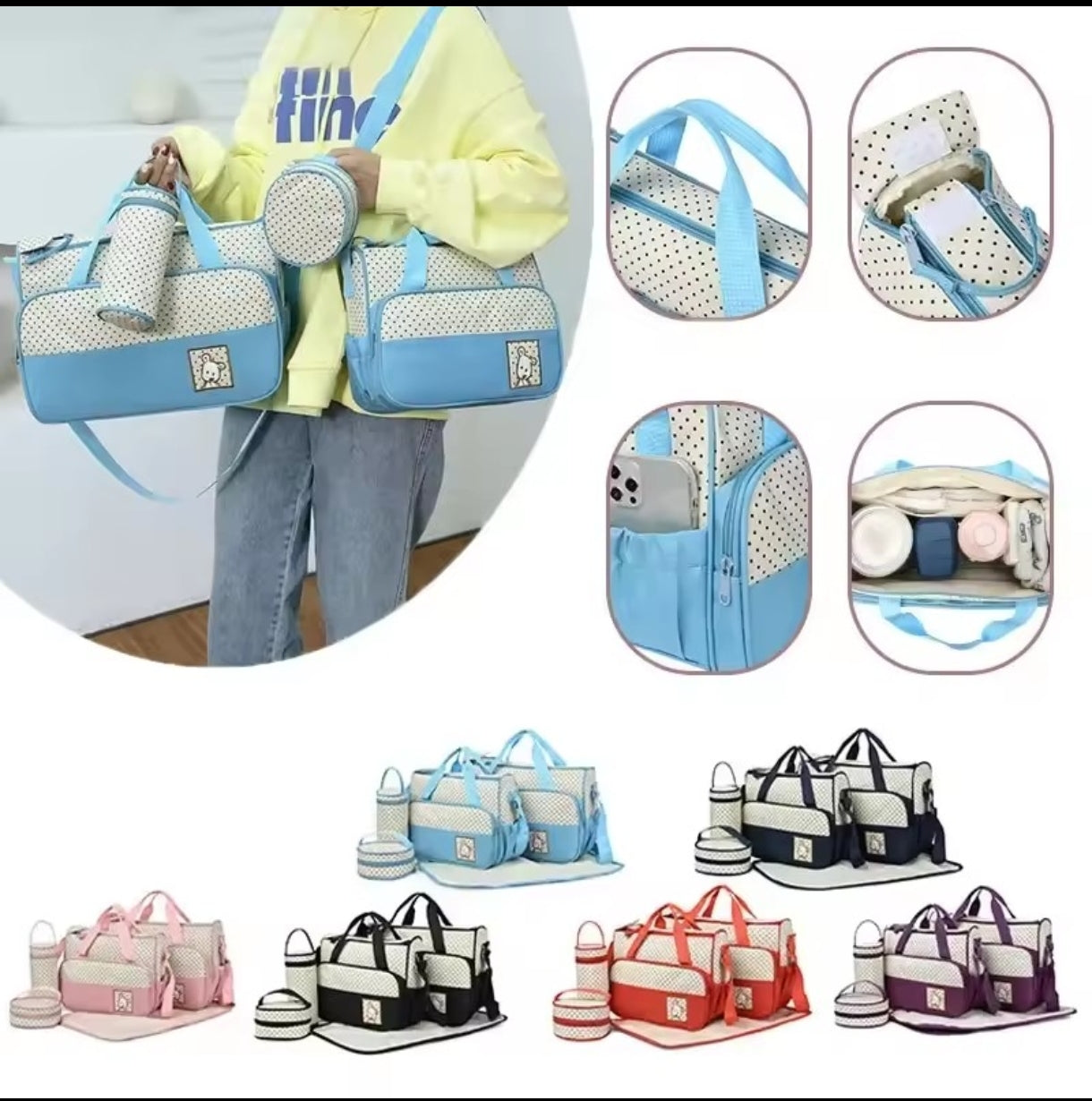 5-in-1 Diaper Bag Set with Large Bag, Small Bag, Bottle Bag, Food Bag, and Diaper Changing Pad - Image 11