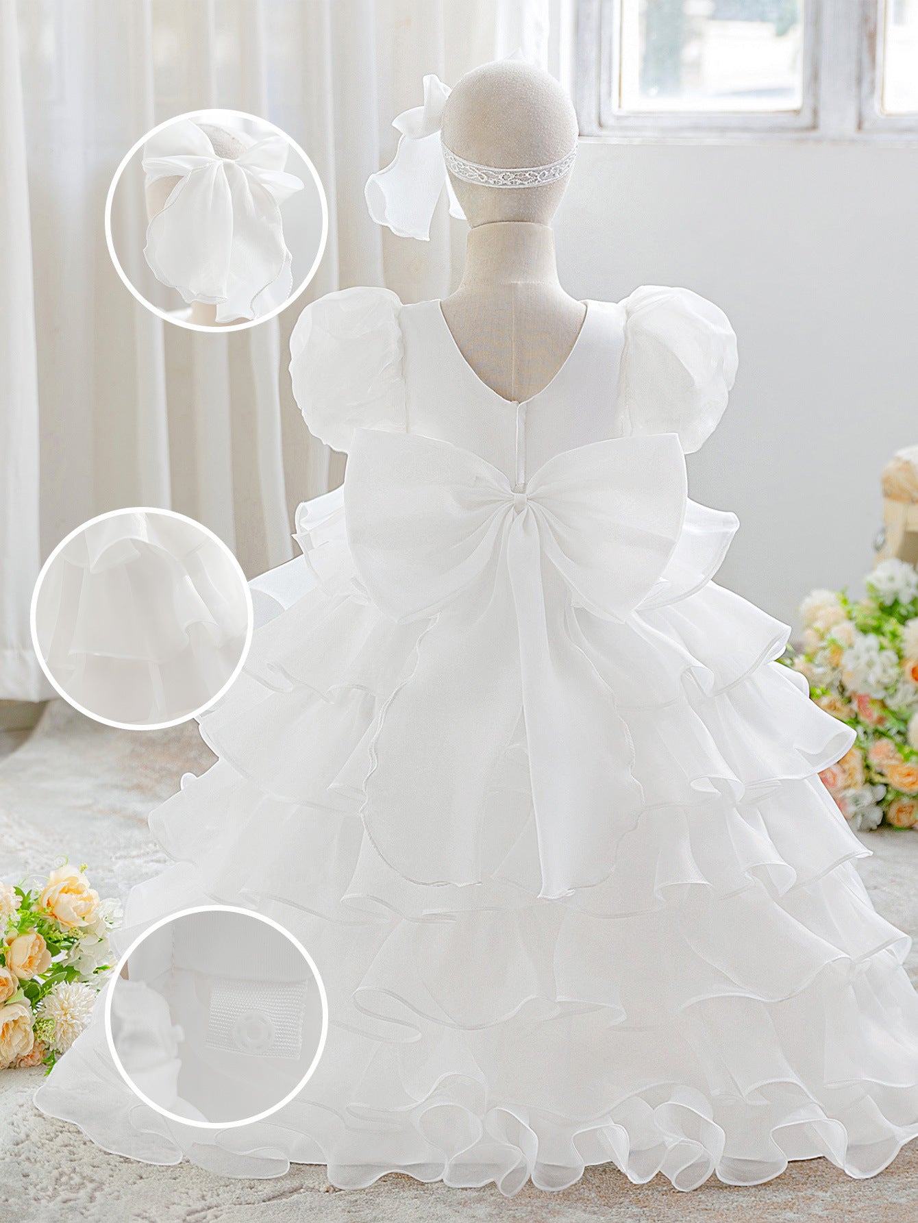 Luxury Puff-Sleeve Princess Dress with Matching Headband (6-12 months) | Elegant Layered Occasion Gown for Baby Girls - Image 54