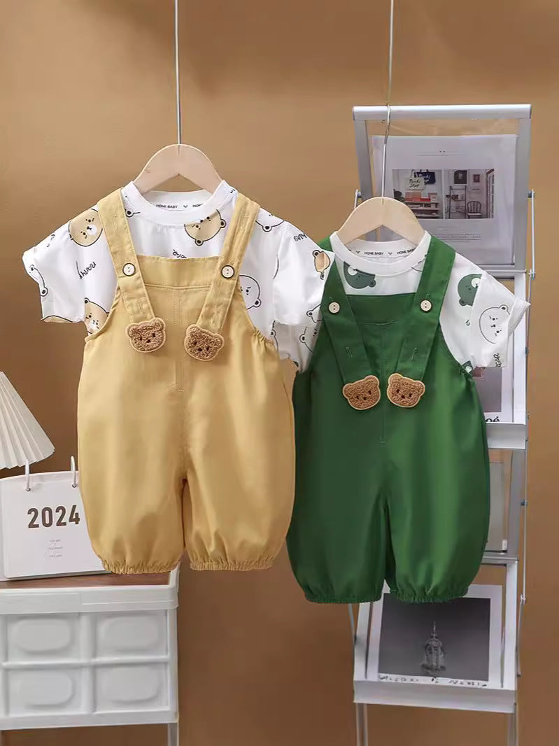 Adorable Overall Set with Short-Sleeved T-Shirt and Suspender Shorts (with Open Crotch) | Cute Teddy Bear Dungaree Set for Babies - Image 6