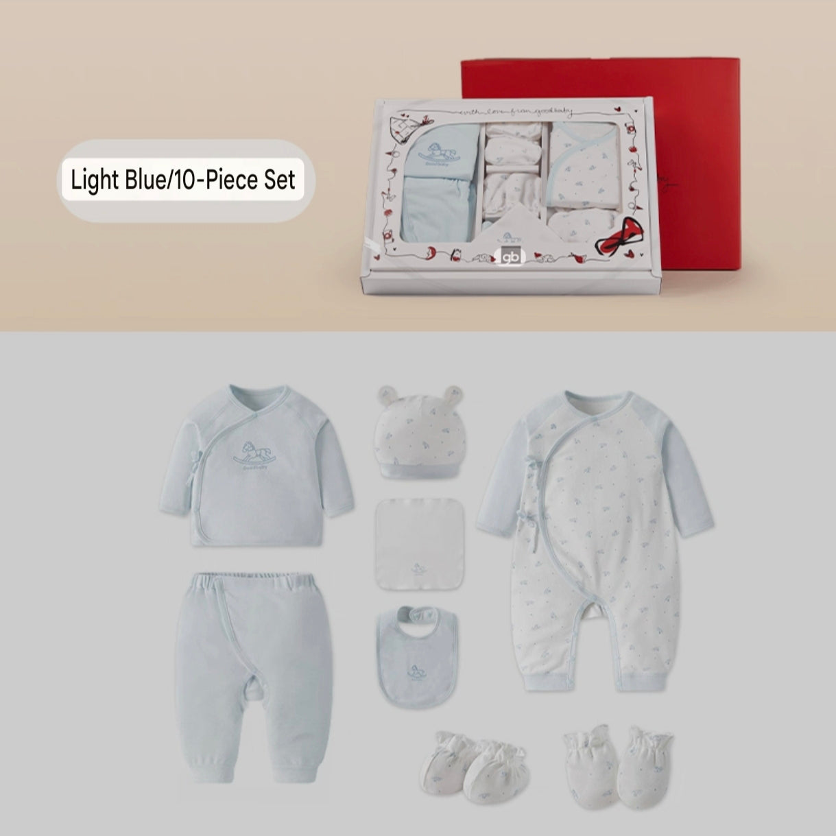 GOODBABY 10-Piece Clothing and Gift Set for Newborn Babies with Jacket, Pants, Jumpsuit, Hand Gloves, Foodmuffs, Bib, Face Towel, and Hats (0-3 months) - Image 9
