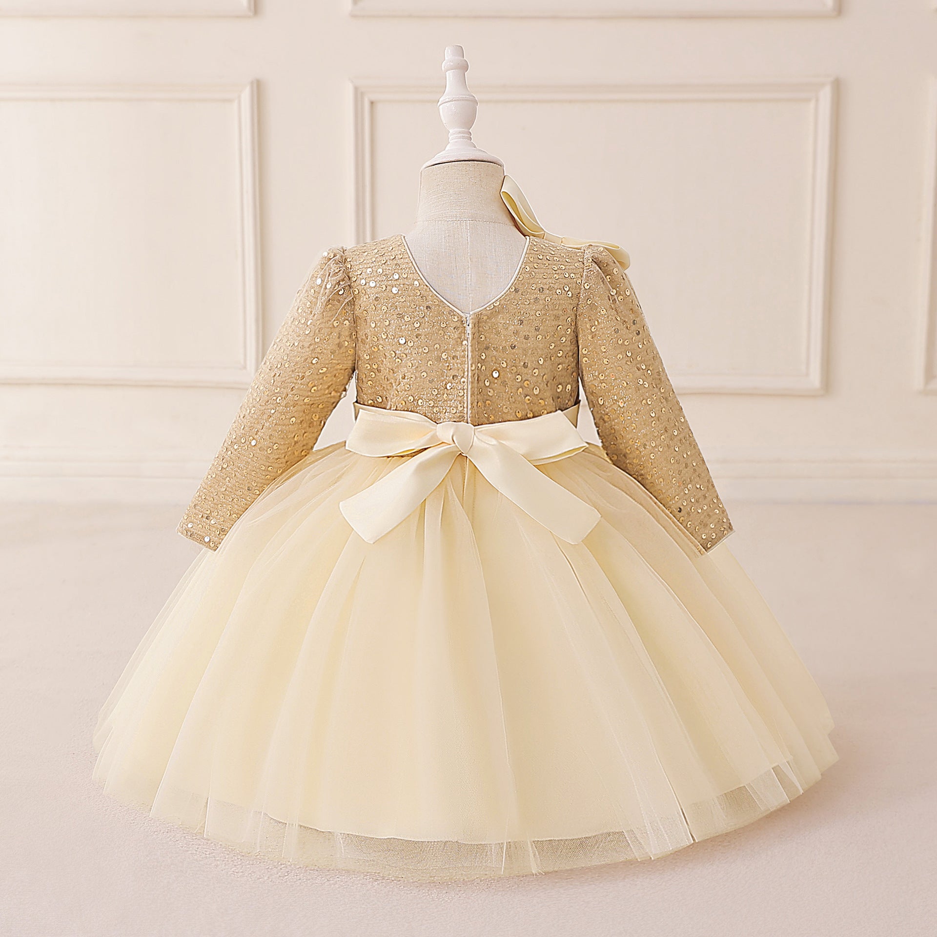 Royal Gold Long-Sleeve Baby Girl Sequin Dress (6-18 months) | Sparkling Gold Showstopper Princess Gown - Image 7