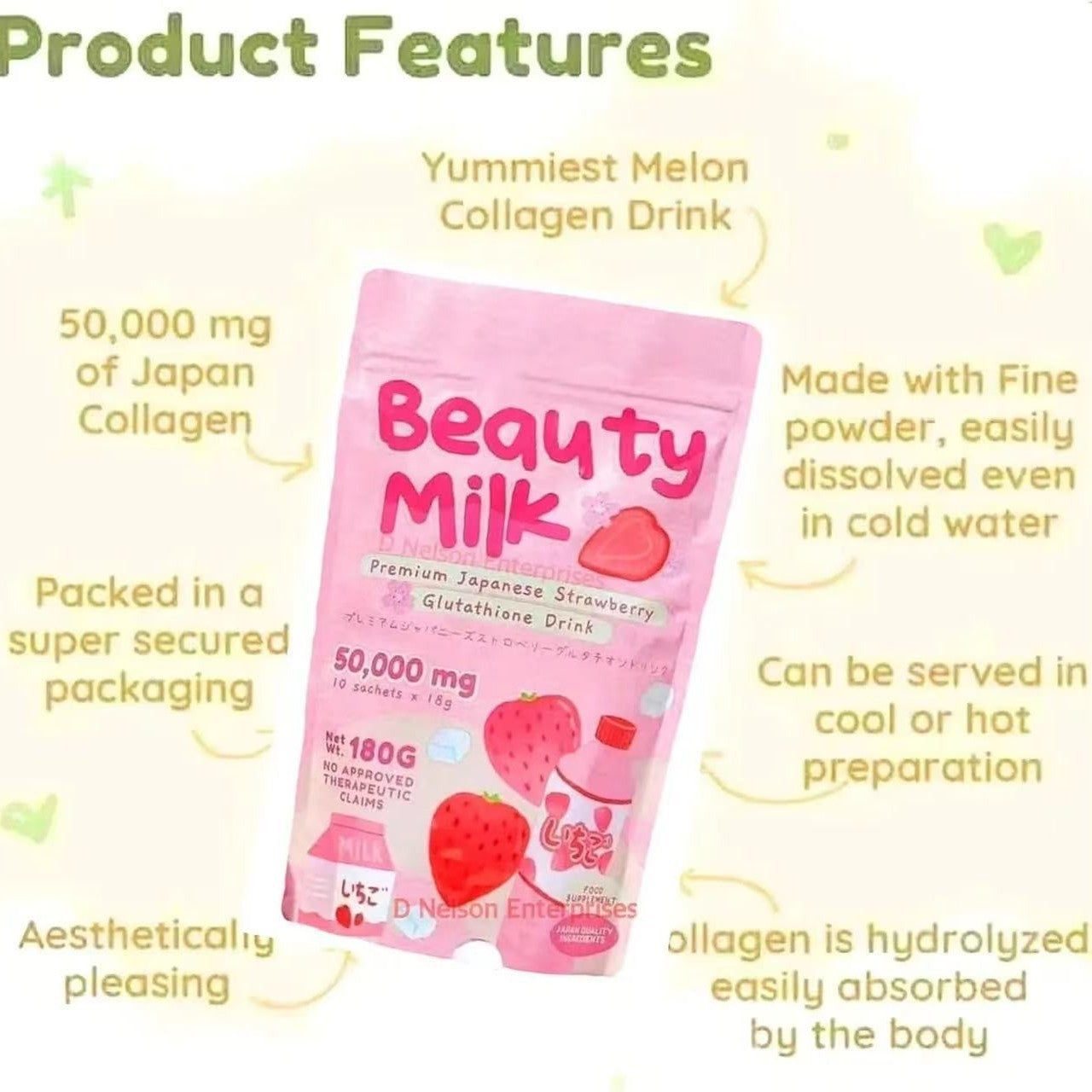 Beauty Milk Premium Japanese Strawberry Glutathione Drink (10×18g sachets, 50000mg) | Instant Powdered Milk Tea for Beauty and Wellness - Image 2