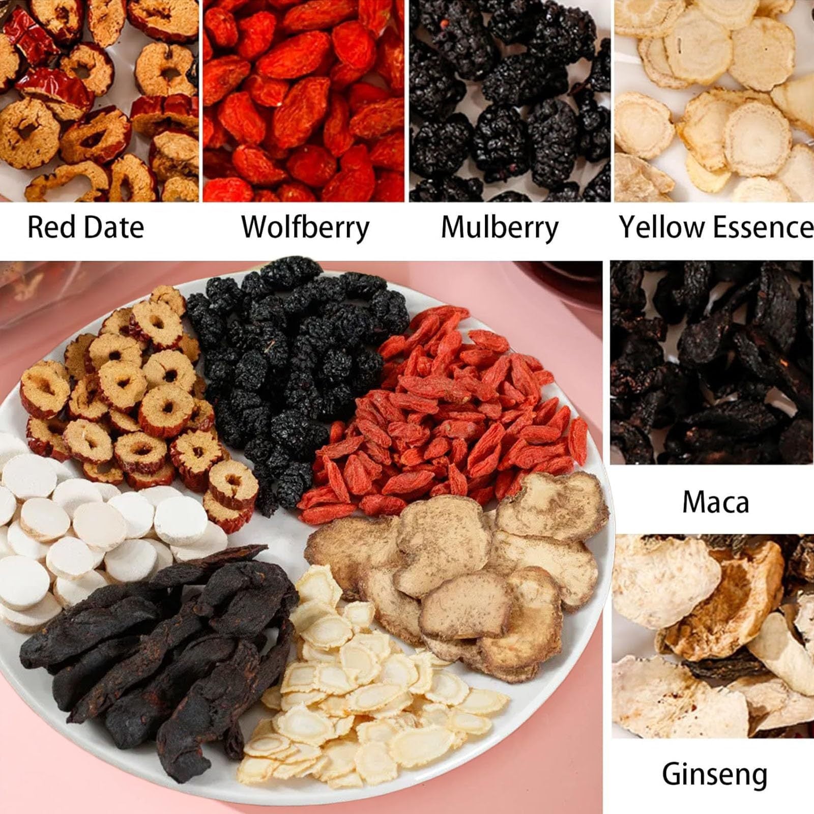 Ginseng Five Treasure Tea with Red Date, Goji Berries, Maca, Yellow Essence, and Mulberries | Herbal Tea for Energy, Kidney Health, Vitality, and Better Sleep - Image 3
