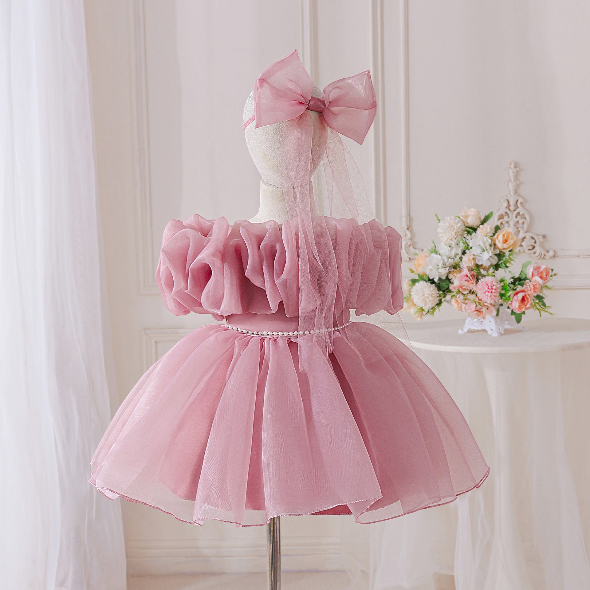 Elegant Baby Princess Dress with Ruffled Sleeves, Bow, and Pearl Waist Trim (6-18 months) | Special Occasion Ball Gown for Baby Girls - Image 12