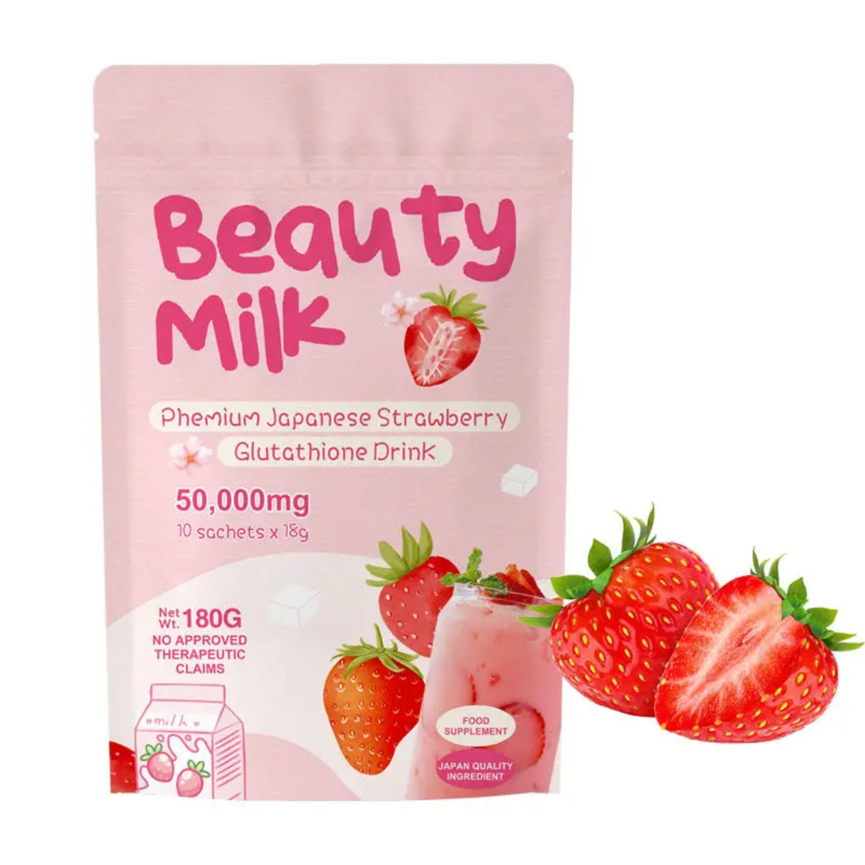 Beauty Milk Premium Japanese Strawberry Glutathione Drink (10×18g sachets, 50000mg) | Instant Powdered Milk Tea for Beauty and Wellness - Image 6
