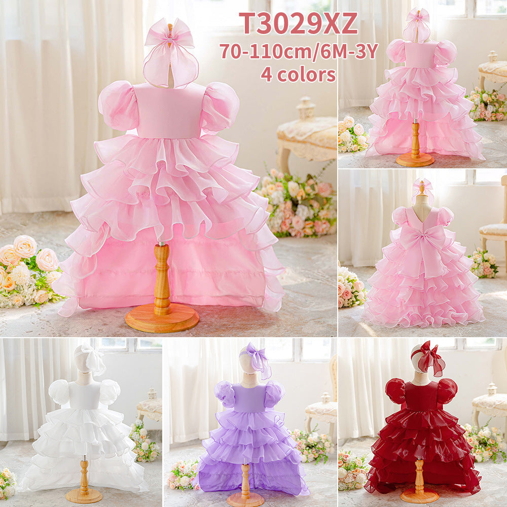 Luxury Puff-Sleeve Princess Dress with Matching Headband (6-12 months) | Elegant Layered Occasion Gown for Baby Girls - Image 4