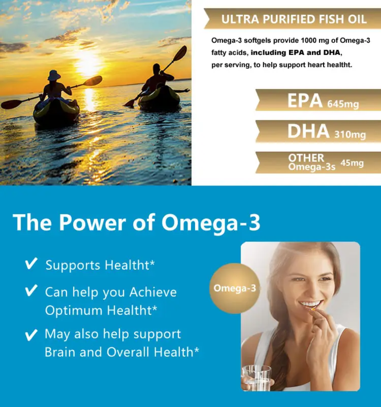 Omega-3 Fish Oil Capsule with EPA and DHA (100 softgels, 1000mg) | Dietary Supplement for Cardiovascular, Brain, Eye, Skin, Mood, and Inflammation - Image 2