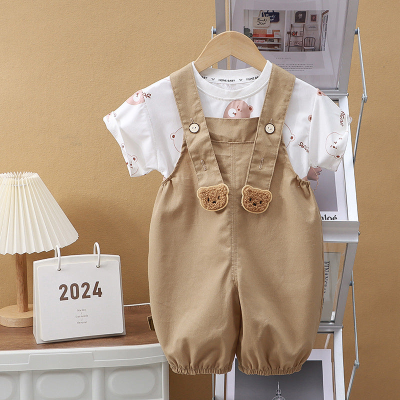 Adorable Overall Set with Short-Sleeved T-Shirt and Suspender Shorts (with Open Crotch) | Cute Teddy Bear Dungaree Set for Babies - Image 2