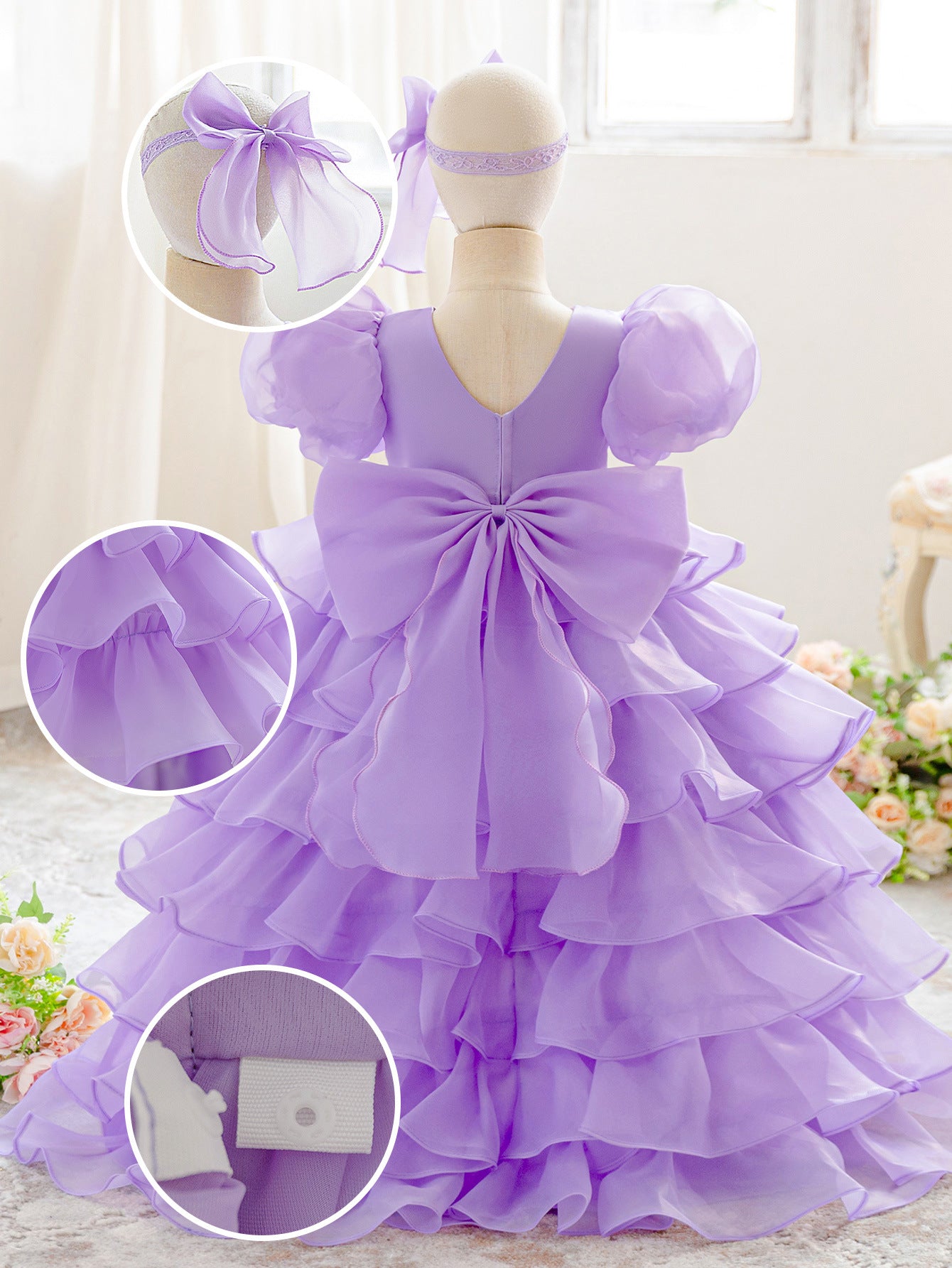 Luxury Puff-Sleeve Princess Dress with Matching Headband (6-12 months) | Elegant Layered Occasion Gown for Baby Girls - Image 58