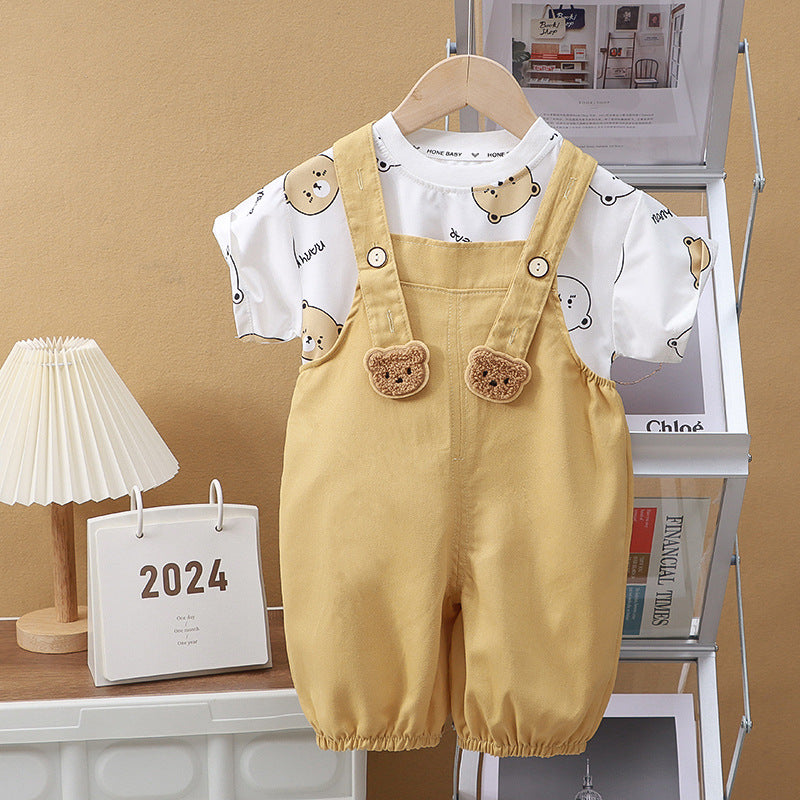 Adorable Overall Set with Short-Sleeved T-Shirt and Suspender Shorts (with Open Crotch) | Cute Teddy Bear Dungaree Set for Babies - Image 4