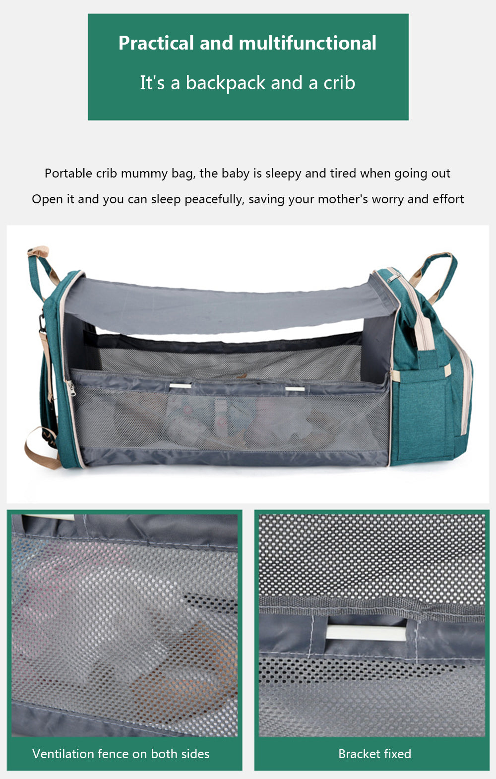 3-in-1 Convertible Diaper Bag Backpack with Crib, Changing Mat and Bottle Pockets | Mummy Bag with Built-in Foldable Bed - Image 11