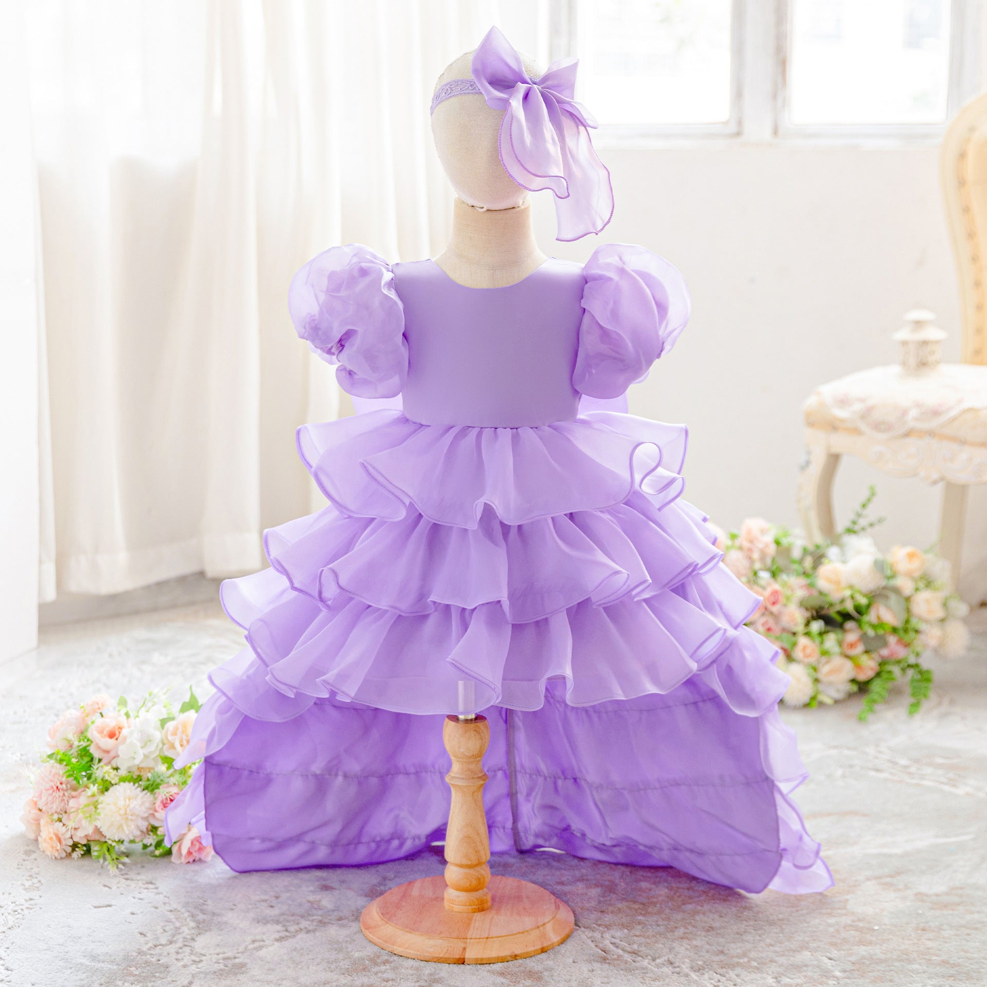 Luxury Puff-Sleeve Princess Dress with Matching Headband (6-12 months) | Elegant Layered Occasion Gown for Baby Girls - Image 9