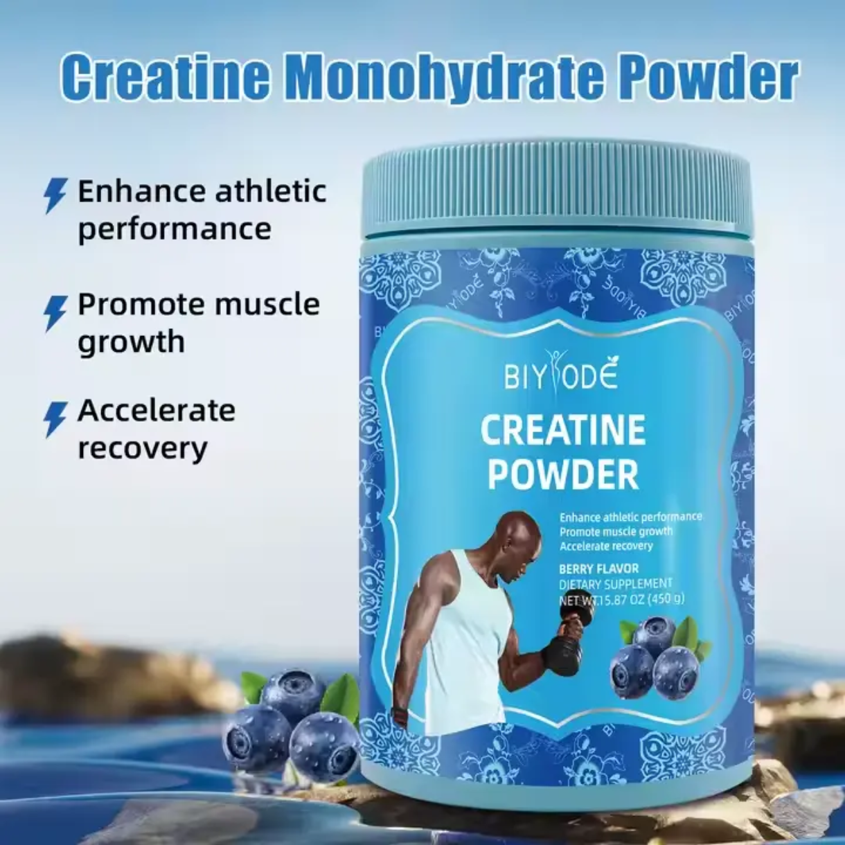 BIYODE Creatine Monohydrate Powder (450g size, 5g Creatine, 90 servings, Berry flavor) | Dietary Supplement for Muscle Growth, Athletic Performance, Muscle Recovery, and Cognitive Function - Image 3