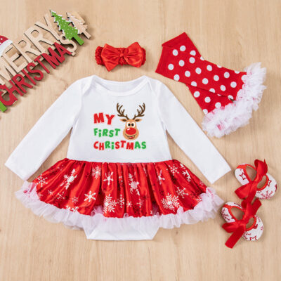 4-Piece "My First Christmas" Outfit Set for Girls with Long-Sleeve Red Tutu Dress, Headband, Socks, and Shoes