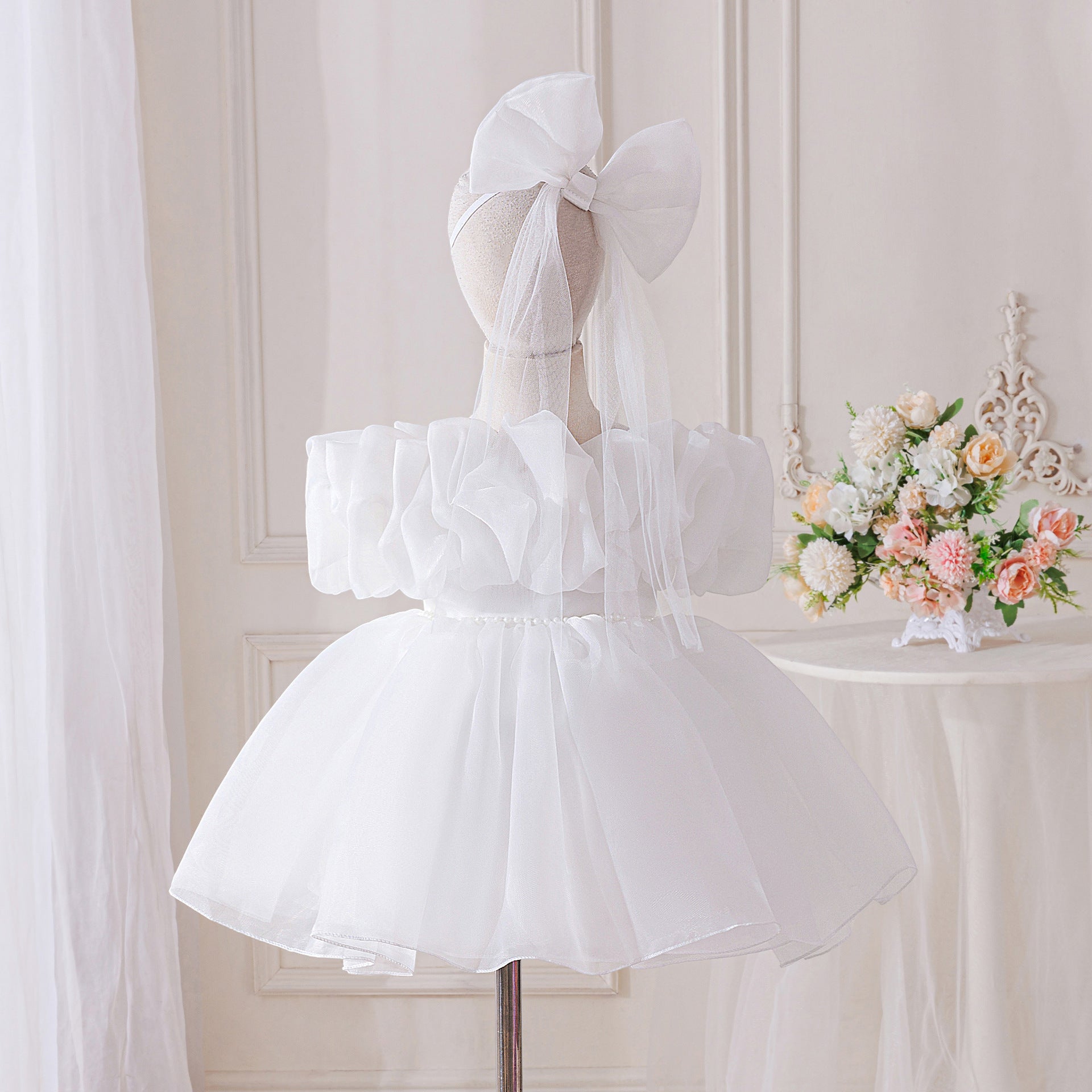 Elegant Baby Princess Dress with Ruffled Sleeves, Bow, and Pearl Waist Trim (6-18 months) | Special Occasion Ball Gown for Baby Girls - Image 7