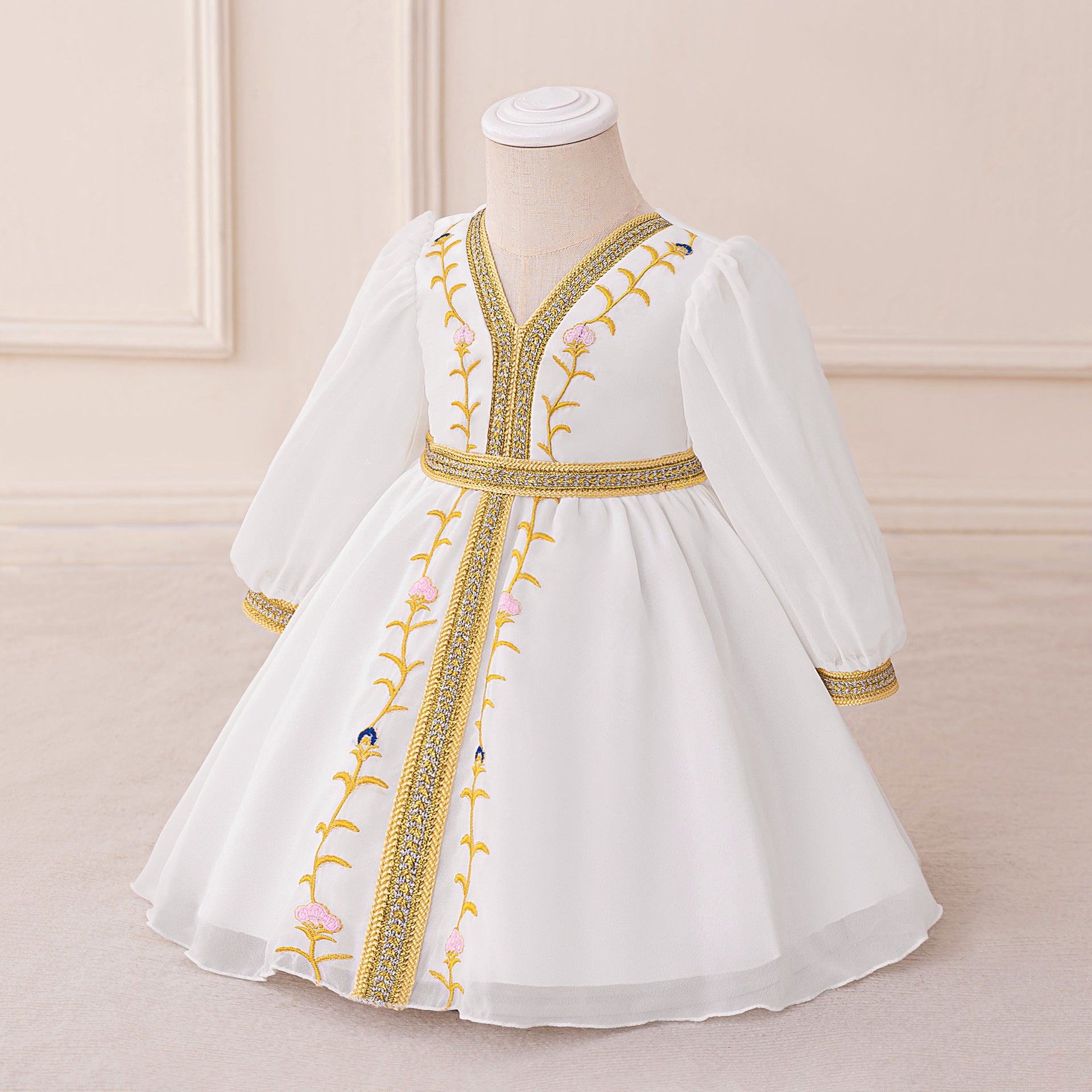 White Chiffon Baby Girl Dress with Gold Embroidery (6-12 months) | Cute Moroccan Style Princess Ball Gown - Image 2