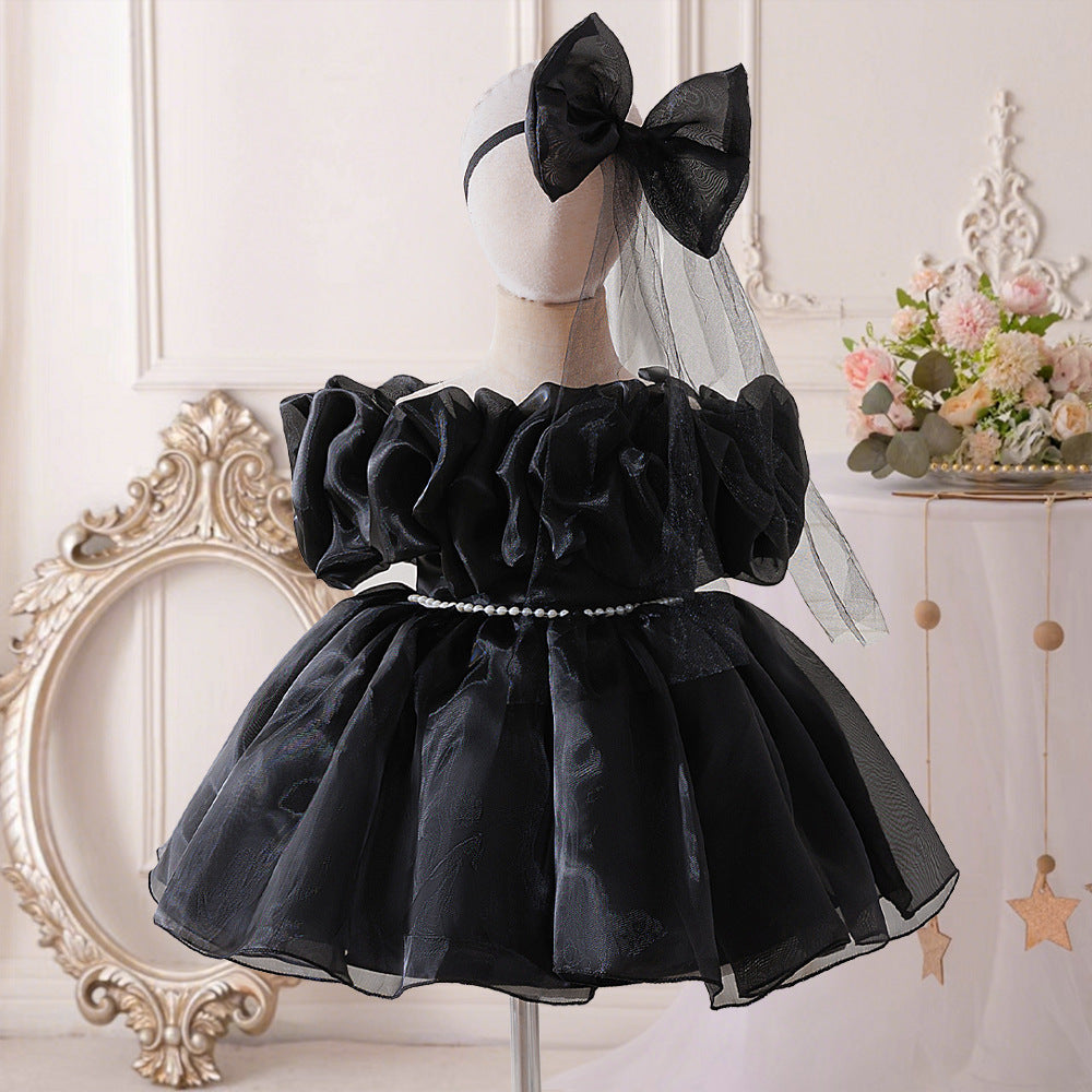 Elegant Baby Princess Dress with Ruffled Sleeves, Bow, and Pearl Waist Trim (6-18 months) | Special Occasion Ball Gown for Baby Girls - Image 2