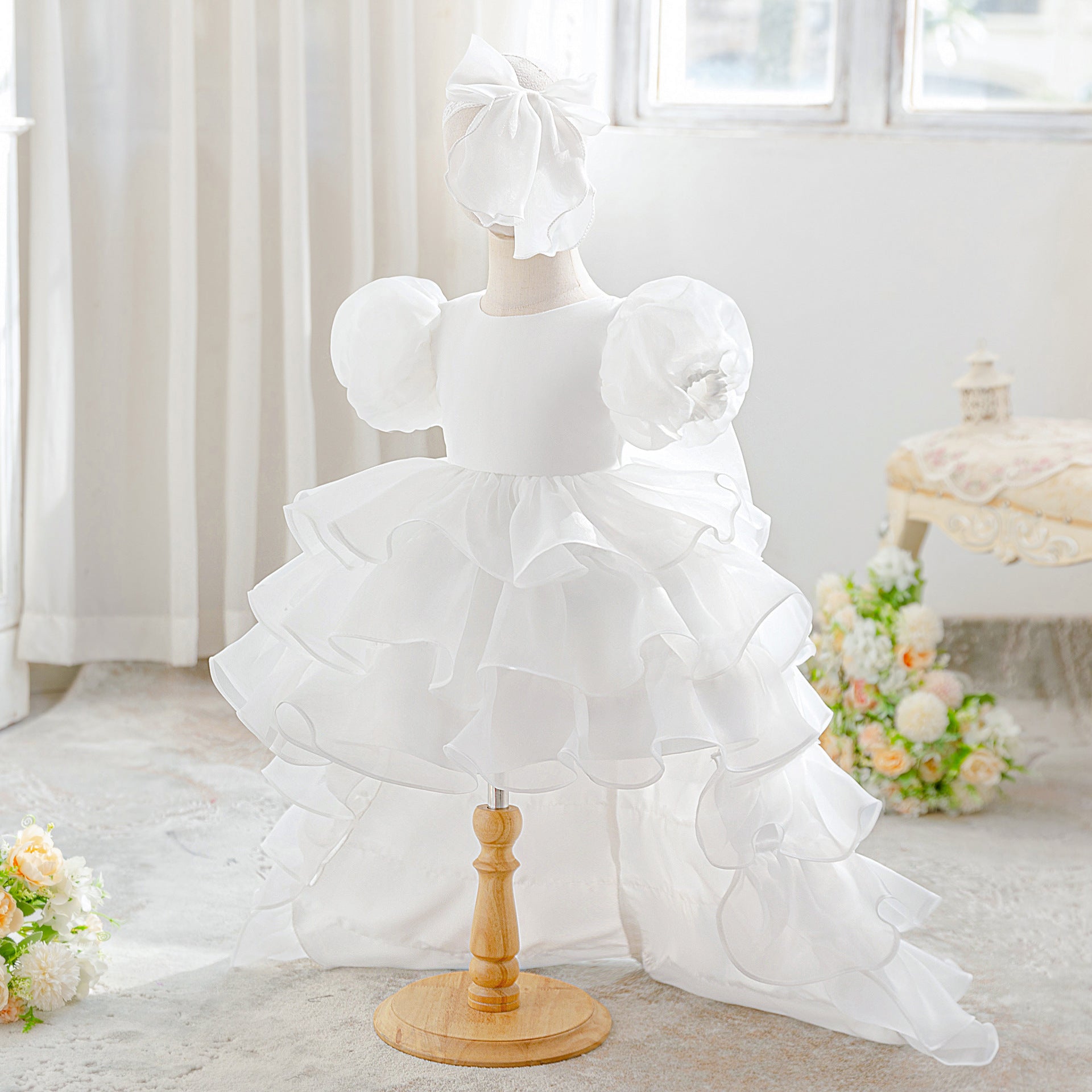 Luxury Puff-Sleeve Princess Dress with Matching Headband (6-12 months) | Elegant Layered Occasion Gown for Baby Girls - Image 46