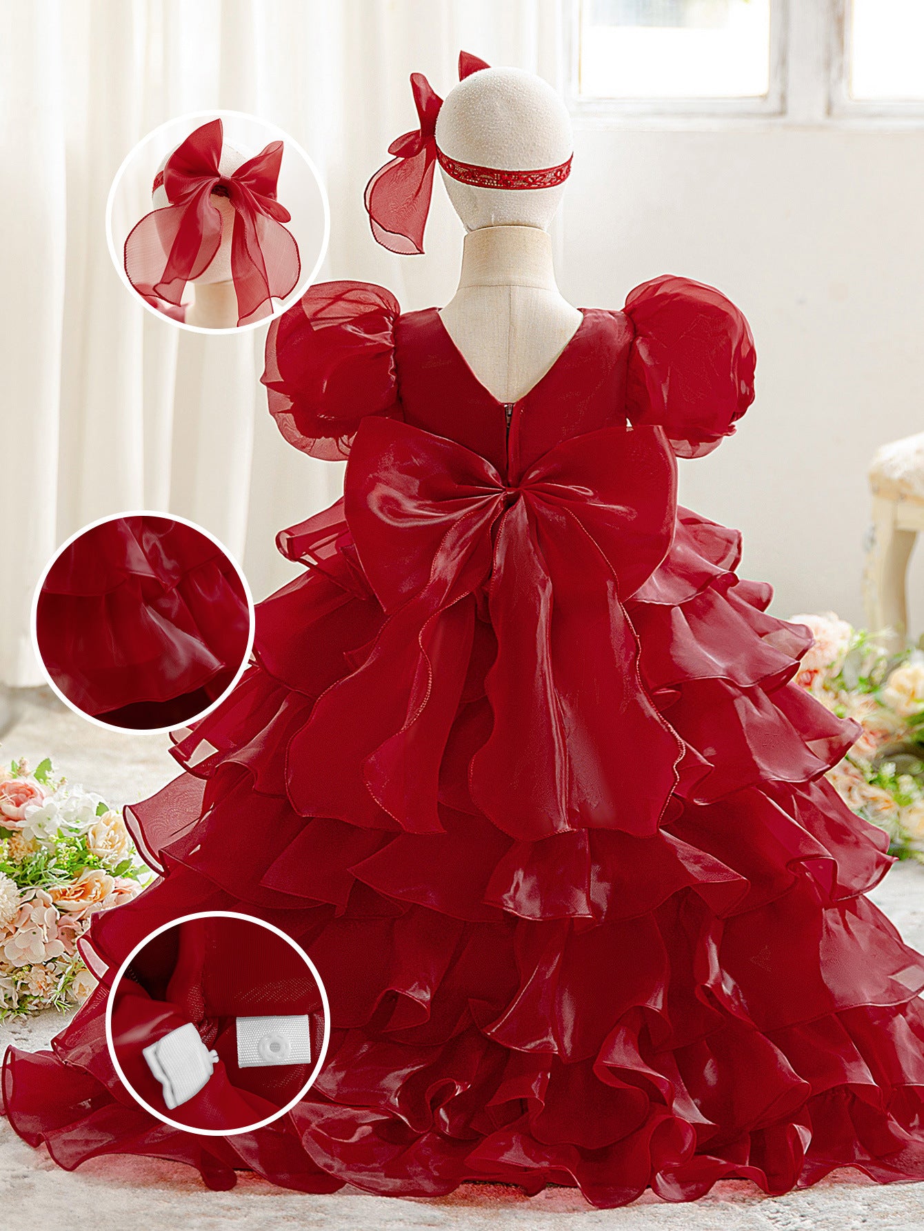 Luxury Puff-Sleeve Princess Dress with Matching Headband (6-12 months) | Elegant Layered Occasion Gown for Baby Girls - Image 52