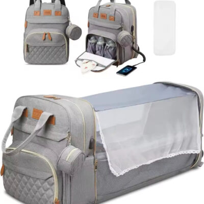 Multifunctional Diaper Bag with Foldable Bed, Changing Mat, Bottle Pockets and USB Charging Port