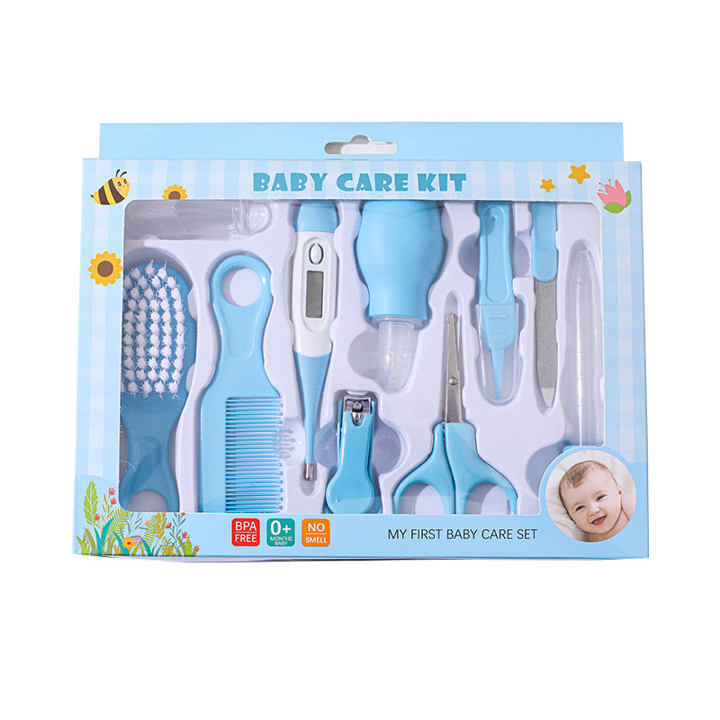 10-Piece Baby Care and Grooming Kit with Hair Brush, Comb, Nasal Aspirator, Digital Thermometer, Nail Scissors, Nail Clipper, Medicine Dropper, Nail File, Nose Tweezer, and Nail Clipper Cover