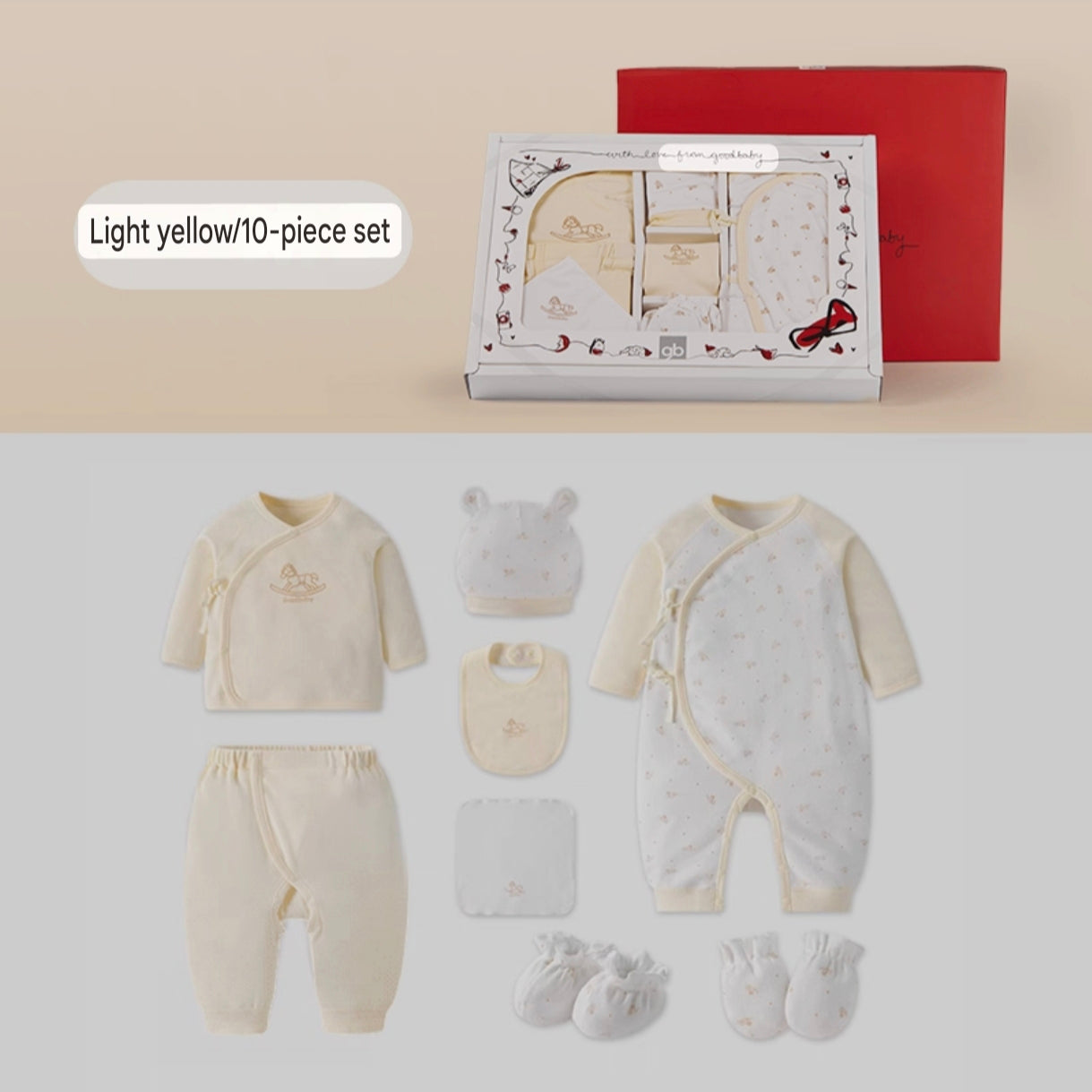 GOODBABY 10-Piece Clothing and Gift Set for Newborn Babies with Jacket, Pants, Jumpsuit, Hand Gloves, Foodmuffs, Bib, Face Towel, and Hats (0-3 months) - Image 10