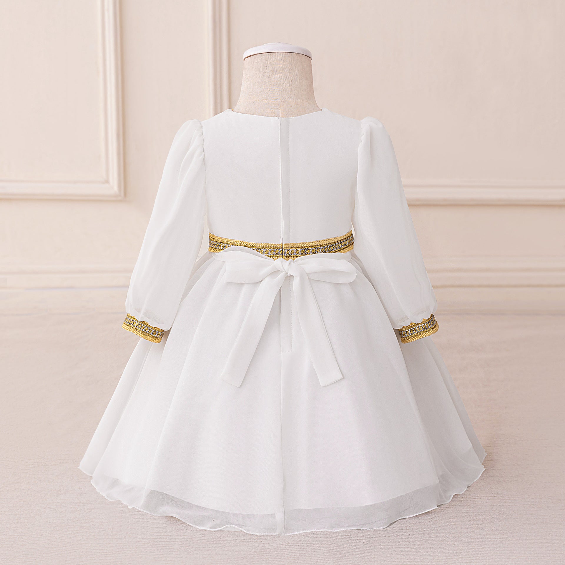 White Chiffon Baby Girl Dress with Gold Embroidery (6-12 months) | Cute Moroccan Style Princess Ball Gown - Image 4