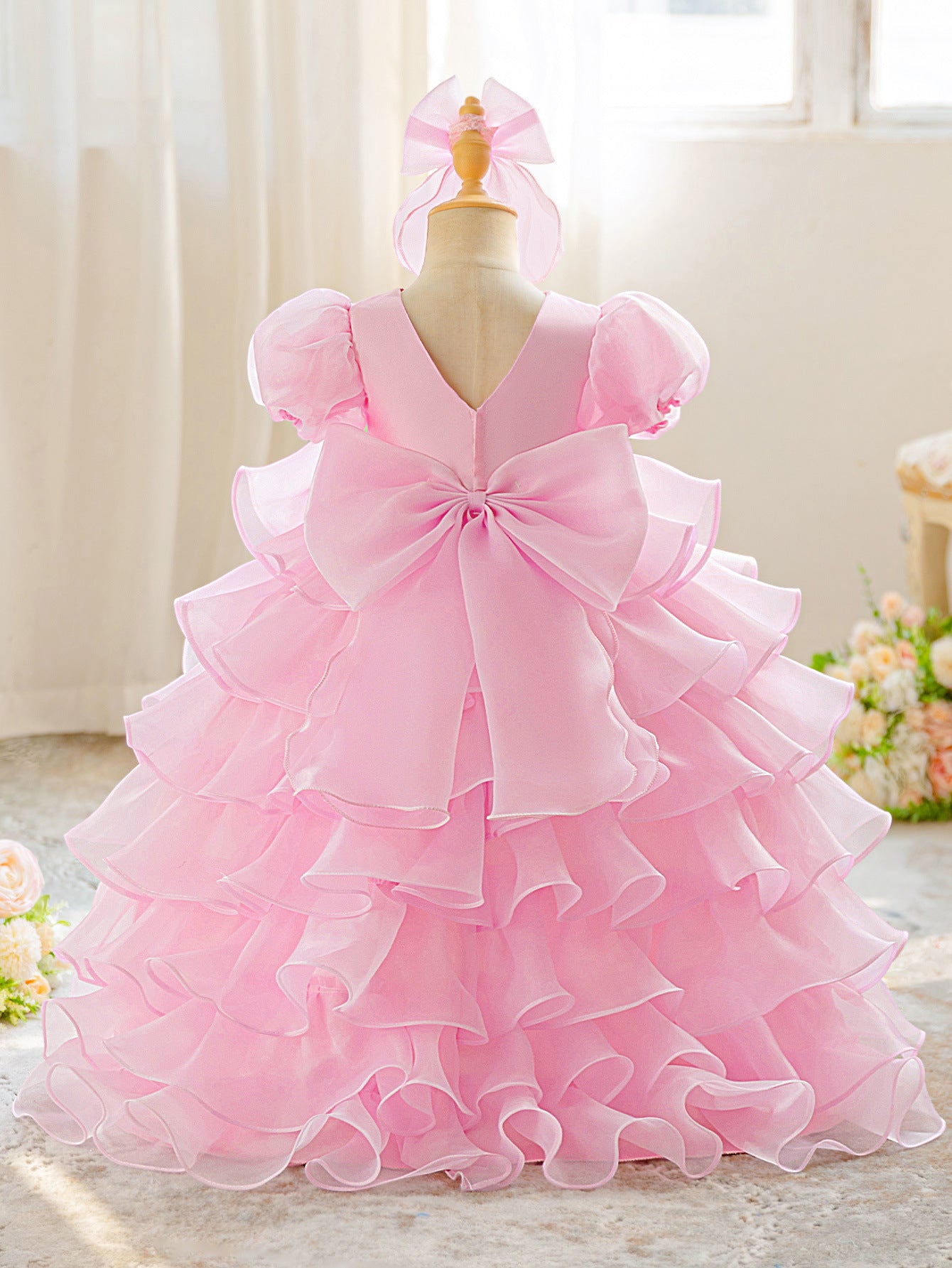 Luxury Puff-Sleeve Princess Dress with Matching Headband (6-12 months) | Elegant Layered Occasion Gown for Baby Girls - Image 28