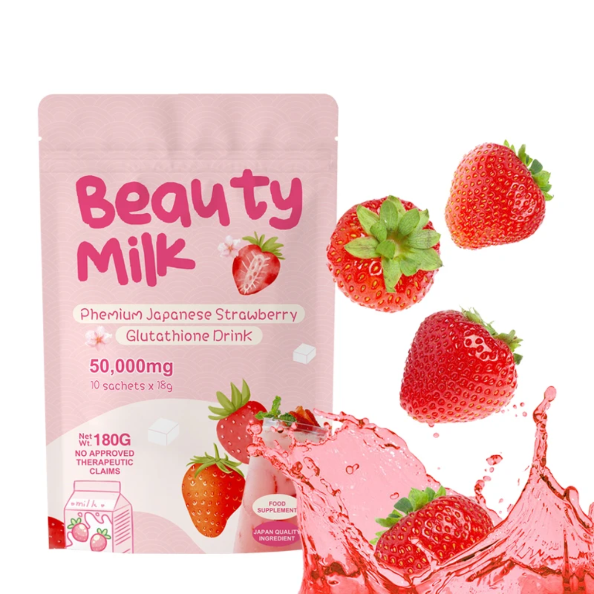 Beauty Milk Premium Japanese Strawberry Glutathione Drink (10×18g sachets, 50000mg) | Instant Powdered Milk Tea for Beauty and Wellness - Image 8