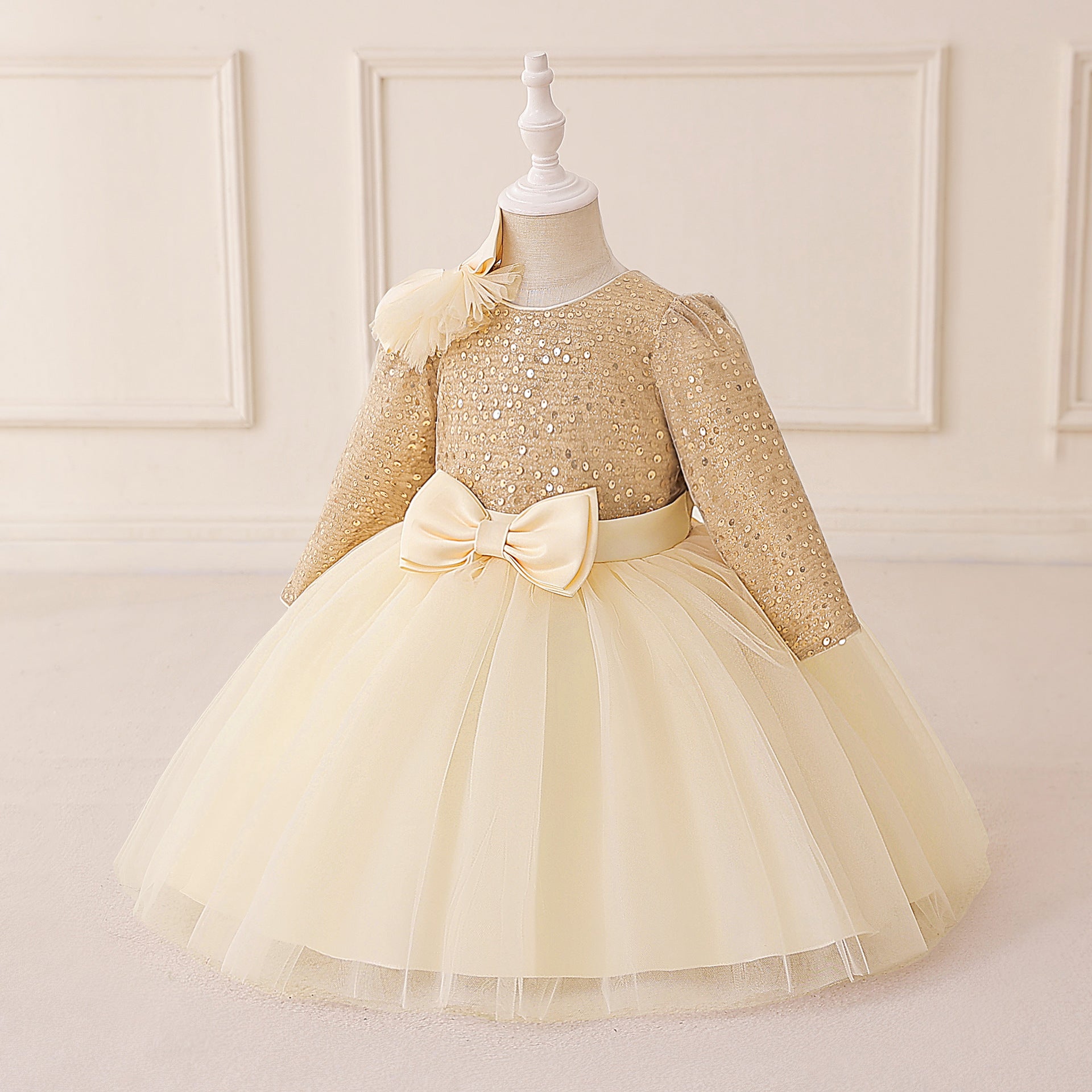 Royal Gold Long-Sleeve Baby Girl Sequin Dress (6-18 months) | Sparkling Gold Showstopper Princess Gown - Image 2