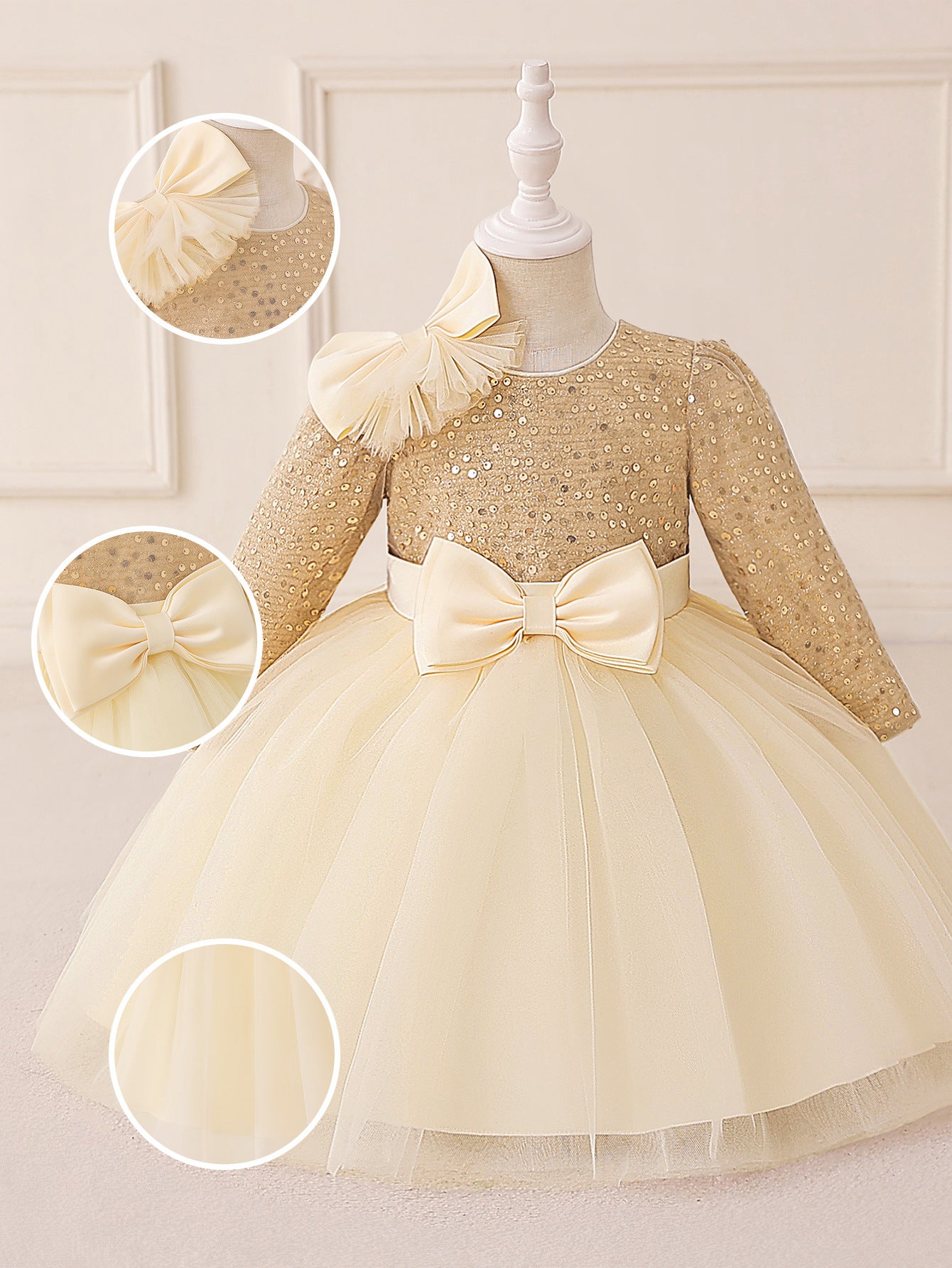 Royal Gold Long-Sleeve Baby Girl Sequin Dress (6-18 months) | Sparkling Gold Showstopper Princess Gown - Image 41