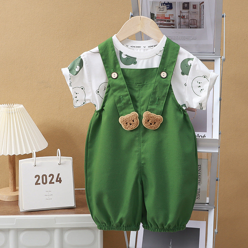 Adorable Overall Set with Short-Sleeved T-Shirt and Suspender Shorts (with Open Crotch) | Cute Teddy Bear Dungaree Set for Babies - Image 3