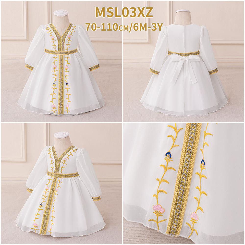 White Chiffon Baby Girl Dress with Gold Embroidery (6-12 months) | Cute Moroccan Style Princess Ball Gown - Image 6