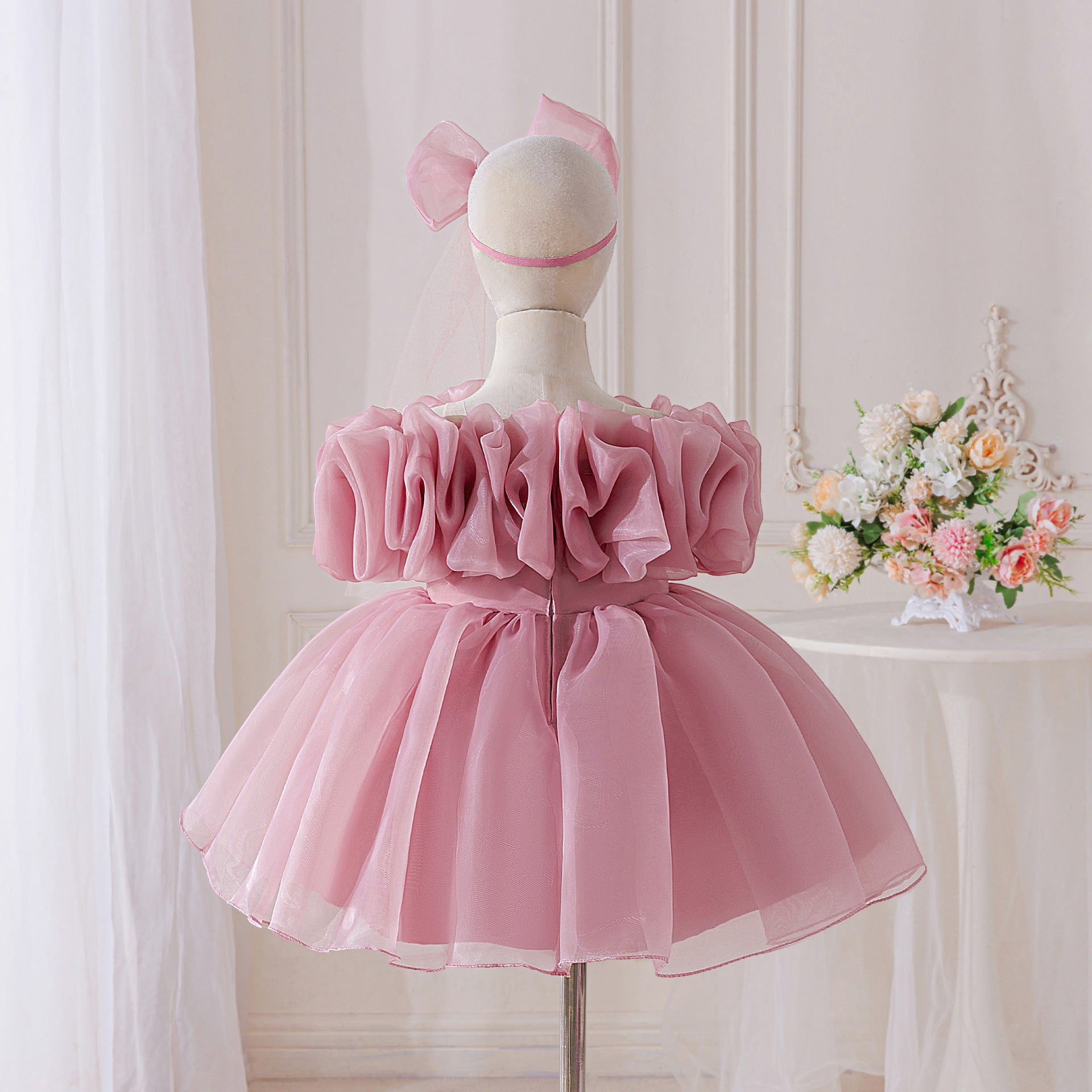 Elegant Baby Princess Dress with Ruffled Sleeves, Bow, and Pearl Waist Trim (6-18 months) | Special Occasion Ball Gown for Baby Girls - Image 16