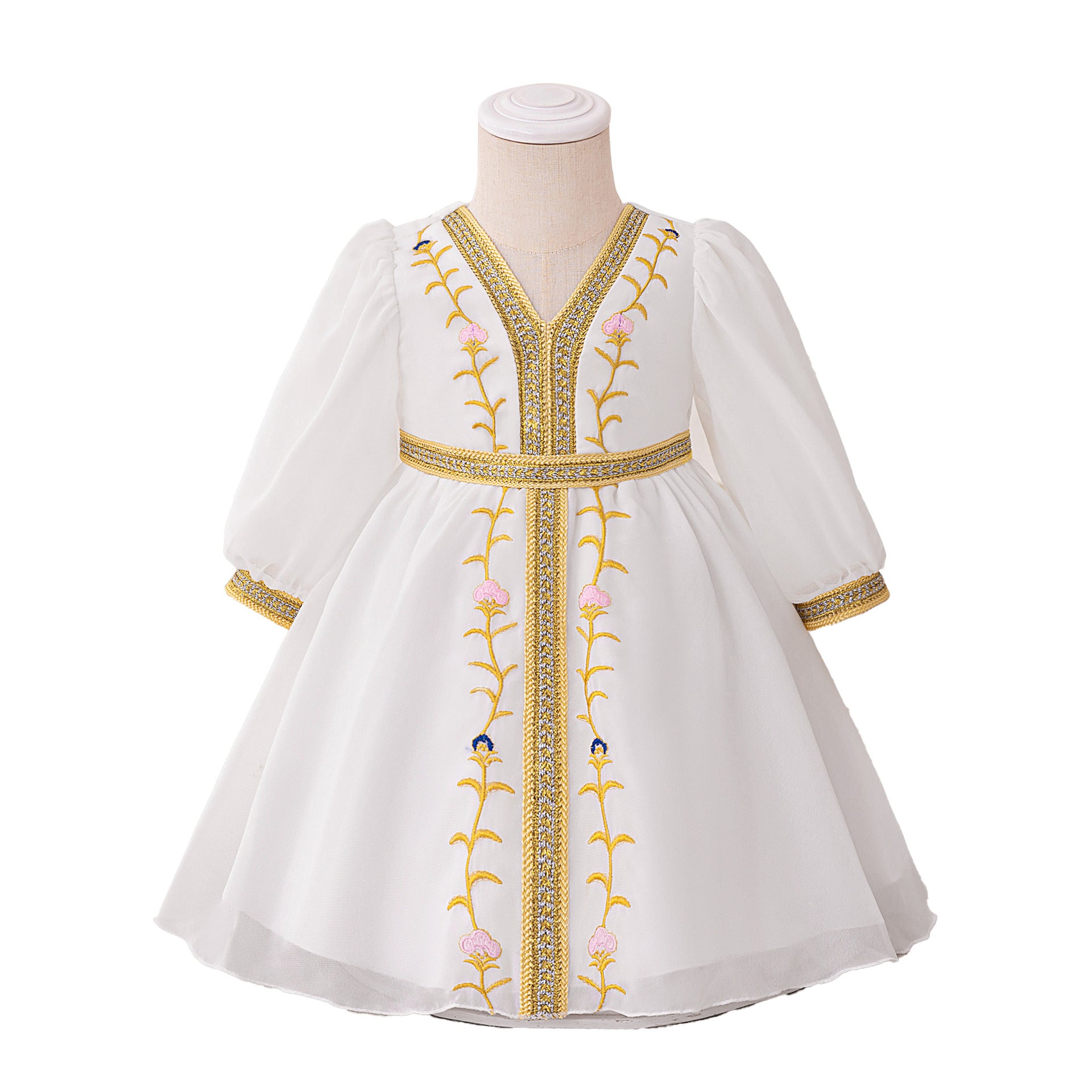White Chiffon Baby Girl Dress with Gold Embroidery (6-12 months) | Cute Moroccan Style Princess Ball Gown - Image 8