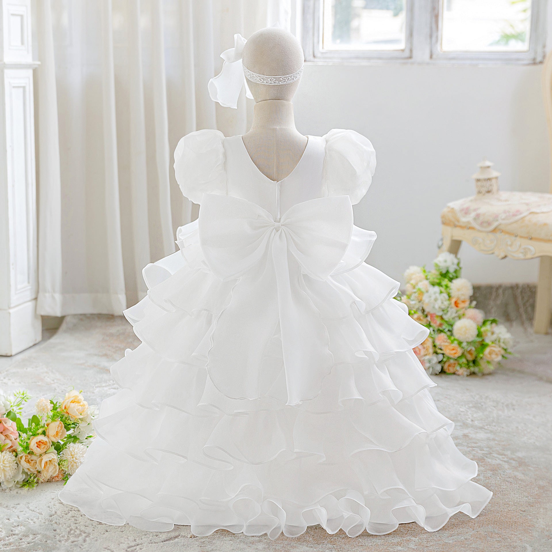 Luxury Puff-Sleeve Princess Dress with Matching Headband (6-12 months) | Elegant Layered Occasion Gown for Baby Girls - Image 33