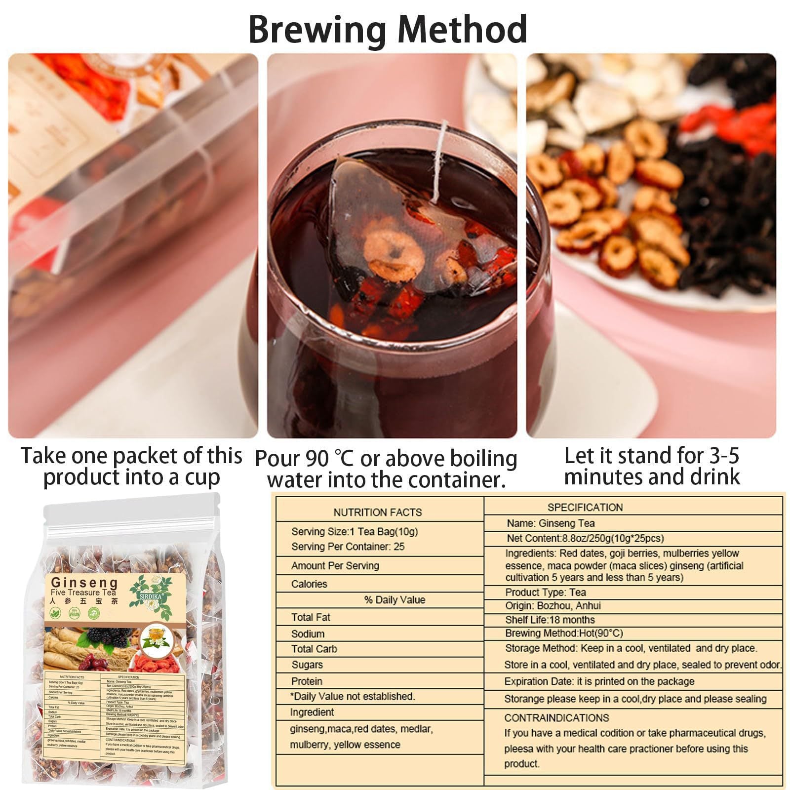 Ginseng Five Treasure Tea with Red Date, Goji Berries, Maca, Yellow Essence, and Mulberries | Herbal Tea for Energy, Kidney Health, Vitality, and Better Sleep - Image 9