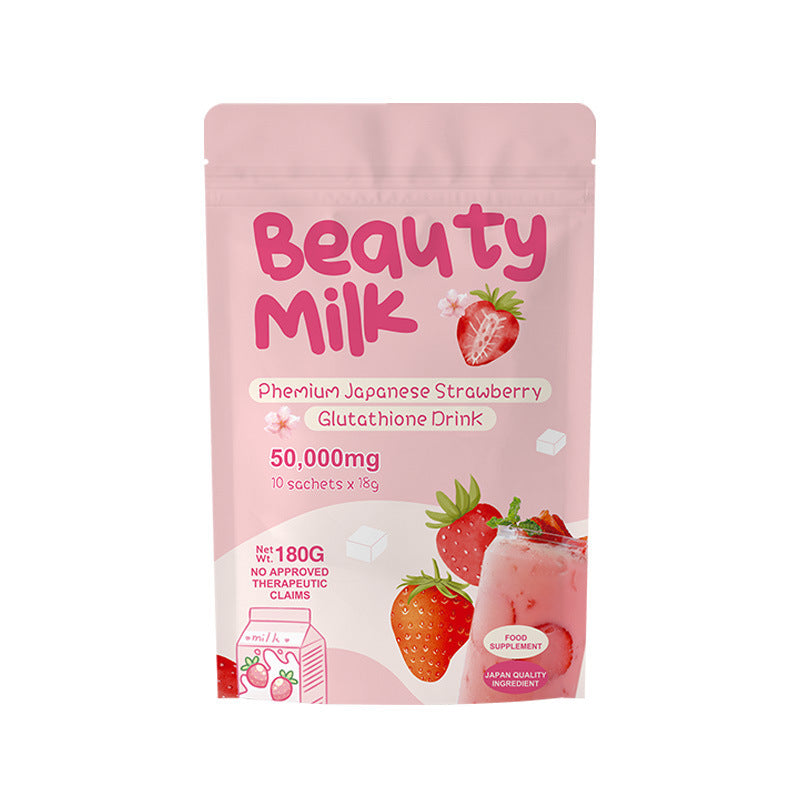 Beauty Milk Premium Japanese Strawberry Glutathione Drink (10×18g sachets, 50000mg) | Instant Powdered Milk Tea for Beauty and Wellness