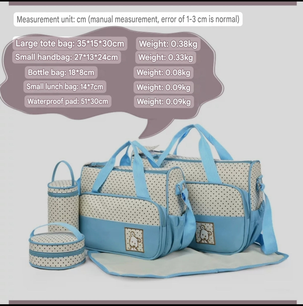 5-in-1 Diaper Bag Set with Large Bag, Small Bag, Bottle Bag, Food Bag, and Diaper Changing Pad - Image 23