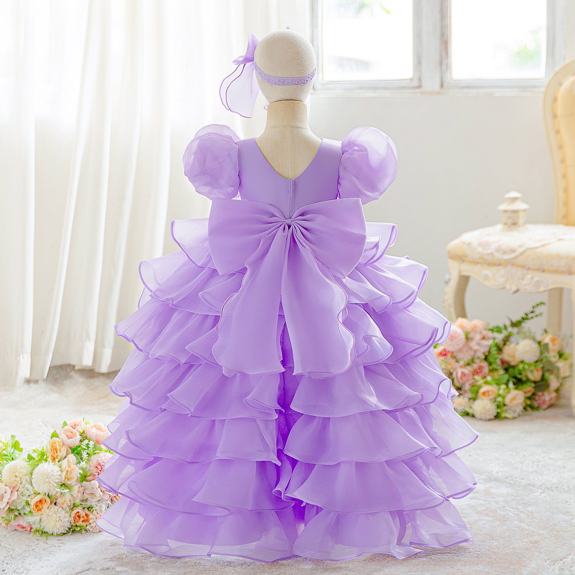 Luxury Puff-Sleeve Princess Dress with Matching Headband (6-12 months) | Elegant Layered Occasion Gown for Baby Girls - Image 14
