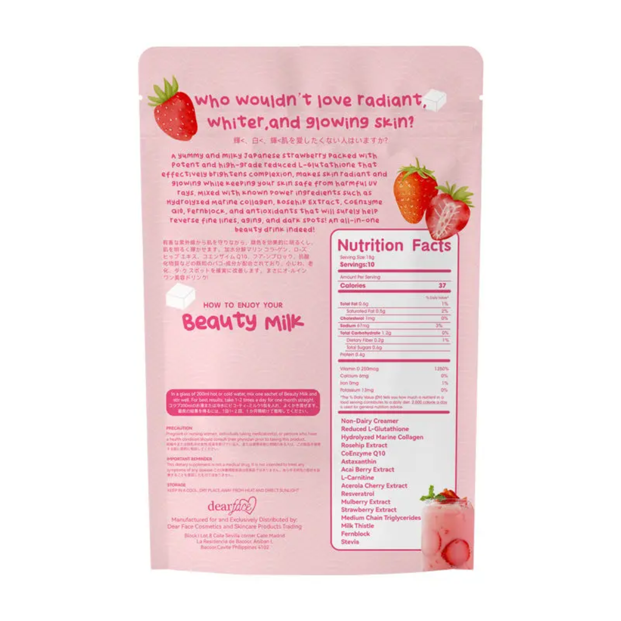 Beauty Milk Premium Japanese Strawberry Glutathione Drink (10×18g sachets, 50000mg) | Instant Powdered Milk Tea for Beauty and Wellness - Image 9