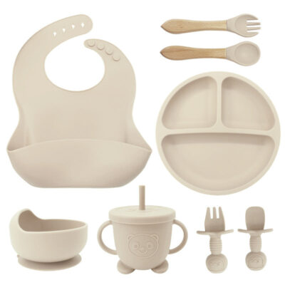8-Piece Silicone Baby Weaning and Feeding Set with Bib, Plate, Bowl, Sippy Cup, Training Spoons, and Training Forks | Complete Baby Self-Feeding Essentials Set