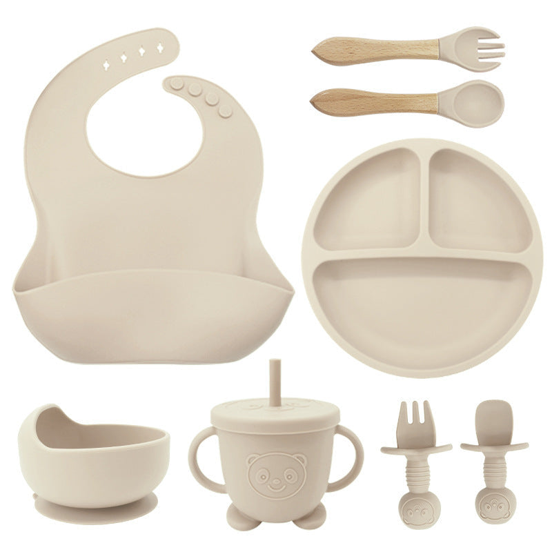 8-Piece Silicone Baby Weaning and Feeding Set with Bib, Plate, Bowl, Sippy Cup, Training Spoons, and Training Forks | Complete Baby Self-Feeding Essentials Set
